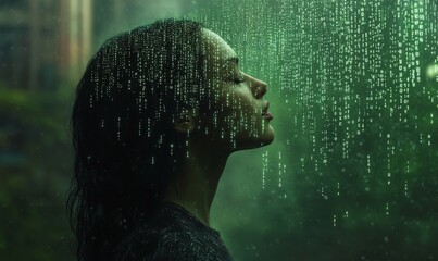 woman's profile with binary code falling like rain around her