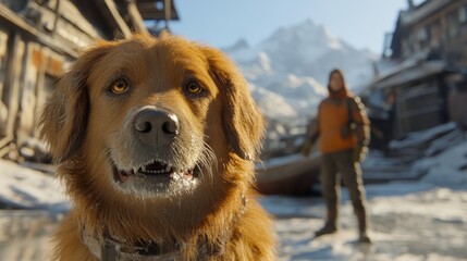 A playful dog enjoying the autumn leaves in a park while its owner stands in the background