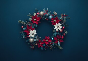 Festive holiday wreath adorned with red and white flowers on blue wall