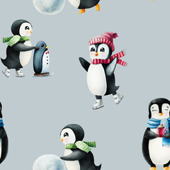 Seamless pattern with cute smiling penguins. Christmas north animal, watercolor hand painted illustration isolated on background. For designers, decoration, shop, for postcards, wrapping paper, covers