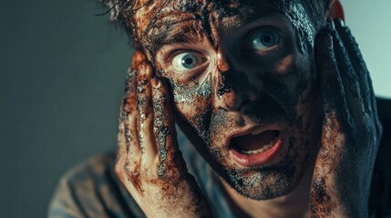 Man Covered in Mud with a Shocked Expression