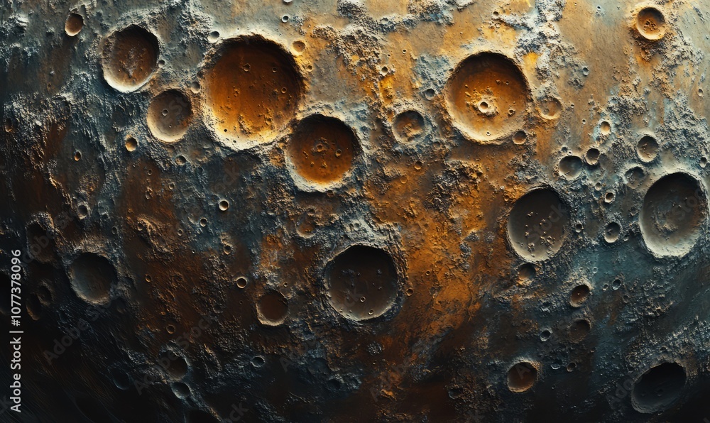 Poster a detailed aerial view of a lunar or martian surface, showing numerous craters of varying sizes, som