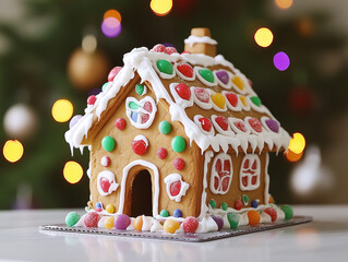 Festively Decorated Gingerbread House on Table