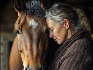 Fototapeta premium A middle-aged Caucasian woman affectionately leans her head against a brown horse inside a barn. Emotional connection and animal bond concept