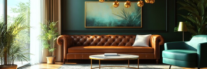 Elegant living room with brown leather couch and green accents in bright natural light