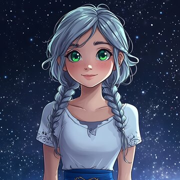 anime girl with long hair and green eyes standing in front of a starr sky