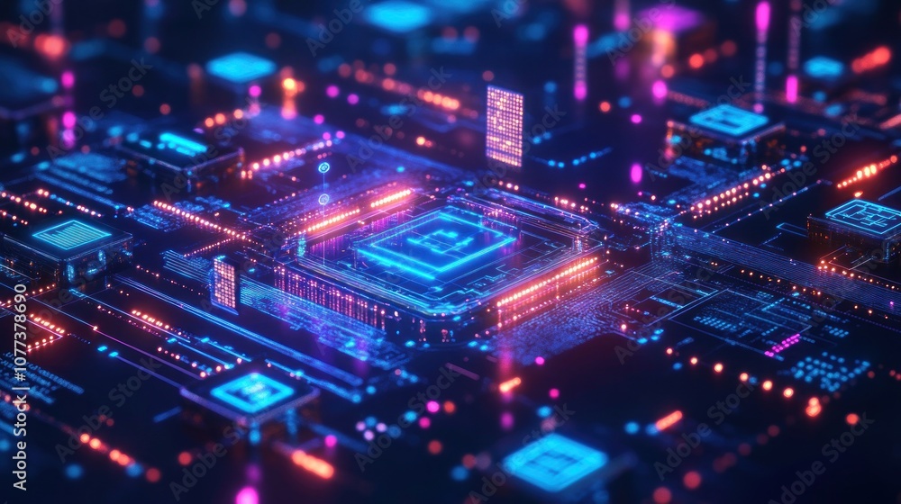 Poster a glowing blue and pink circuit board with a cpu chip at its center, surrounded by data lines.