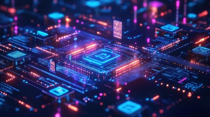 Obraz premium A glowing blue and pink circuit board with a CPU chip at its center, surrounded by data lines.
