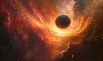 A vibrant nebula with swirling colors and a large planet in the center