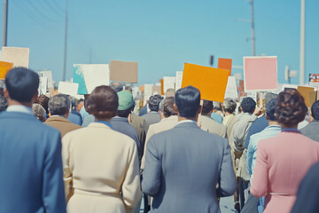 Fototapeta premium Peaceful protesters marching under a clear sky with signs in hand