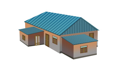 Vector illustration of modern village house with blue metal roof, windows and doors - ideal for rural architecture and cartoon animation projects