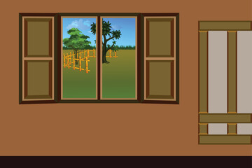 Peaceful countryside window view vector illustration. Scenic landscape with green fields, trees, and wooden fencing