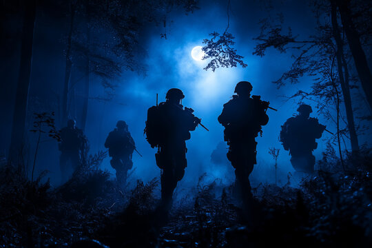 Stealthy soldiers navigate a moonlit jungle during a tense night operation