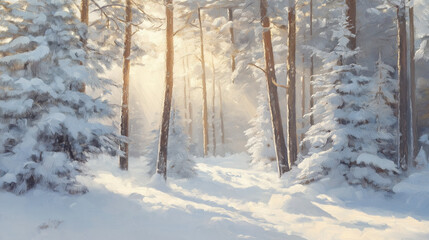 Obraz premium Snowy Winter Scene with Evergreen Trees and Sunlight