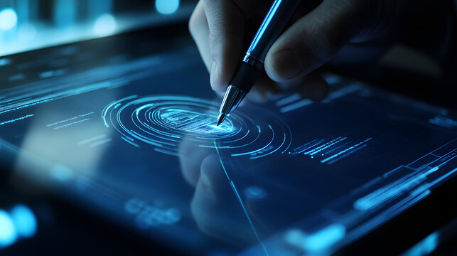 A close-up of a digital pen signing a document on a touchscreen with &ldquo;Signature Encrypted&rdquo; in a secure digital environment.