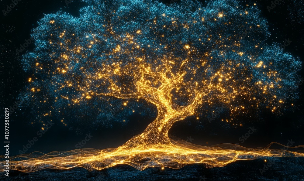 Poster a glowing networked tree made of light trails illuminates dark background