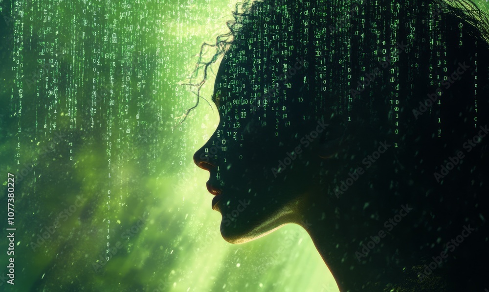 Poster woman's profile with binary code falling like rain around her