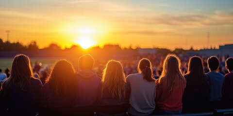 Group of high school students watching a football game at sunset