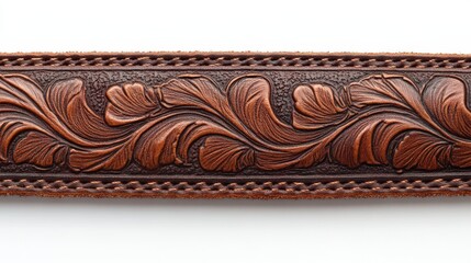 Intricately crafted leather belt with ornate floral embossing on a white background