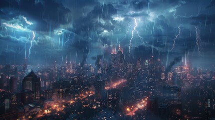 Fototapeta premium Dramatic City Skyline with Lightning Storm and Heavy Rain for Intense Weather Scenes