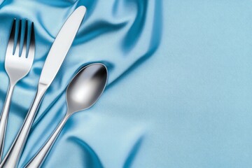 Elegant minimalist table setting featuring cutlery on soft blue fabric background for special occasions