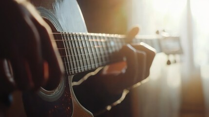 Fototapeta premium Close-up of a Musician's Hand Playing an Acoustic Guitar in a Sunlit Room