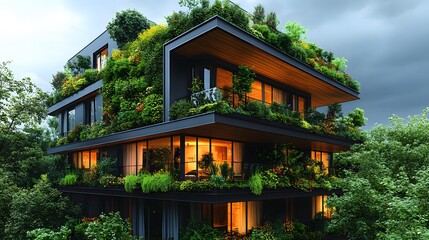 A modern building covered in greenery, showcasing sustainable architecture and nature integration.