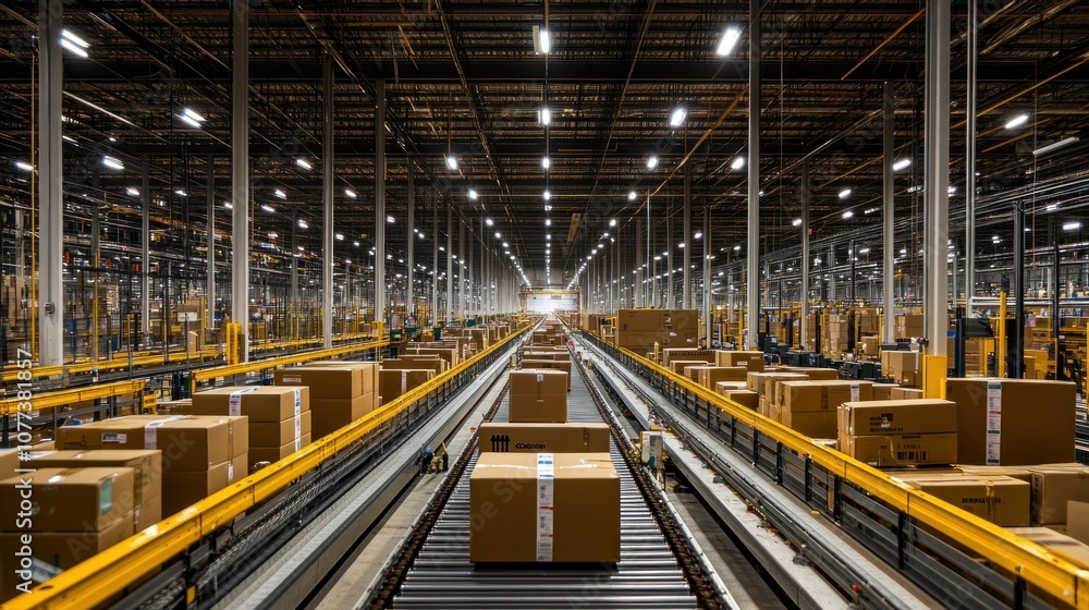 Poster conveyor belt system in a large warehouse with boxes moving through the system