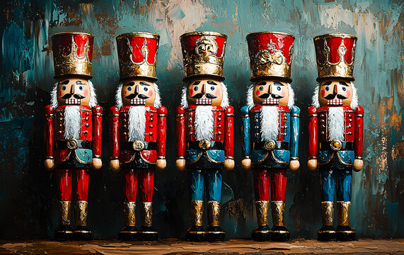 Pantins en bois peint align&eacute;s