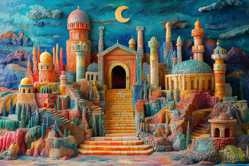 Fototapeta premium A mystical landscape of colorful architecture celebrating Hanukkah at night