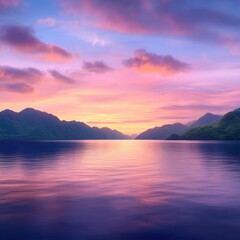 A breathtaking landscape captures a serene lake against rolling mountains at sunset, with vibrant pink and purple hues reflecting in the calm water, perfect for travel, nature, or relaxation themes,