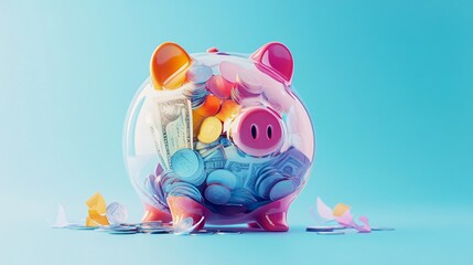 Translucent piggy bank filled with colorful coins and bills, isolated on a light blue background