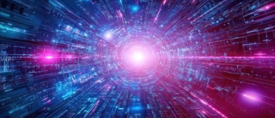 Naklejka premium A vibrant digital tunnel with glowing lines and light effects, suggesting motion through space.