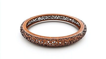 Intricate wooden bangle with filigree design on white background