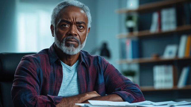 Serious older african american man with gray beard sitting at desk in office wearing flannel shirt and jeans with deep expression reflecting contemplation and focus in modern workspace with books