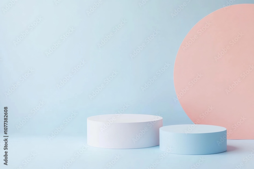 Aufkleber Two circular forms in white and blue are positioned in a calm setting, complemented by a soft pink circle, evoking simplicity and peace. Generative AI