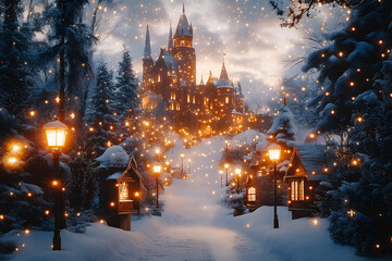 Village de Noël illuminé sous la neige