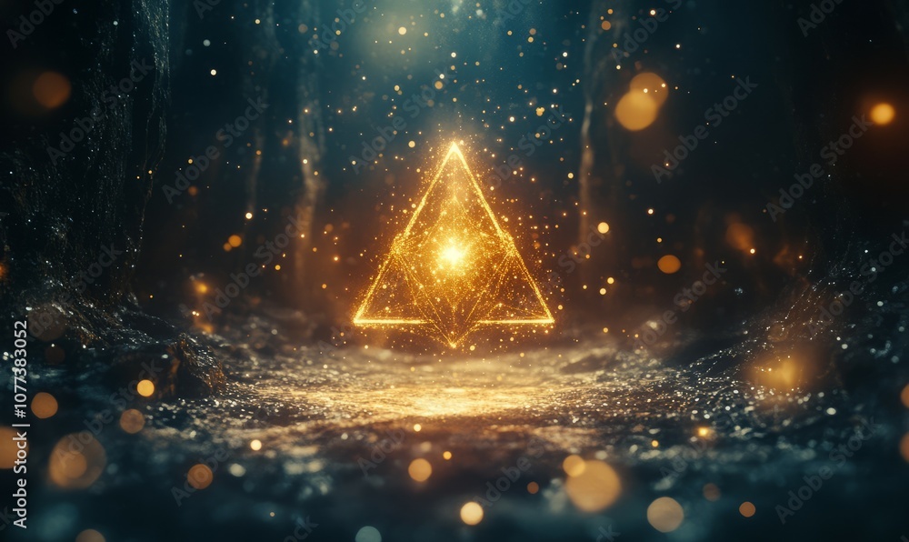 Poster a glowing mystical symbol hovers above shimmering surface, surrounded by sparkling particles that cr