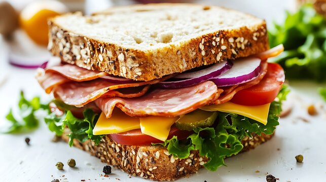Closeup of an artisan sandwich with deli meats cheese and fresh veggies on a white surface showcasing lunch options gourmet sandwiches and delistyle meals