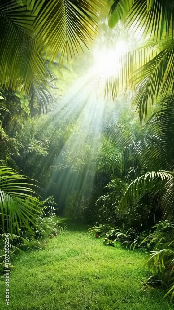 Poster sunlight streams through the leaves of a tropical rainforest, creating a path through the lush green