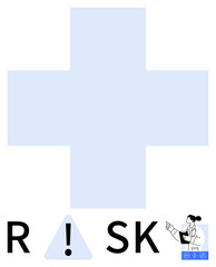 Obraz premium Blue medical cross, RISK text with warning sign, and a businesswoman pointing at symbols. Ideal for healthcare, office workflows, risk management, safety awareness, medical sectors, business
