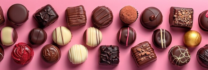 Delightful chocolate confections on pink background for world chocolate day celebrations. Top view. Pink background. Horizontal banner. Copy space. Confectionery factory, sweet life