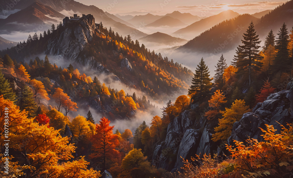 Poster mountain range covered in trees with leaves of different colors