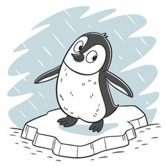 A cute penguin stands on an ice floe, surrounded by a light rain.  This cartoon illustration is perfect for kids' books, educational materials, or any project needing a touch of arctic charm.