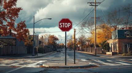 A stop sign stands at an intersection surrounded by trees and buildings under a cloudy sky.