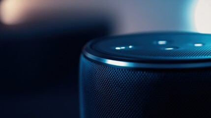Fototapeta premium Close-up of a Black Smart Speaker with Grilles and Buttons