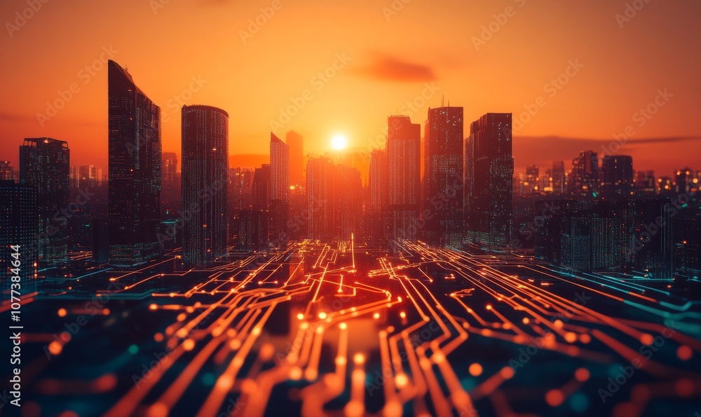Poster abstract digital city with glowing lines and circuit board pattern