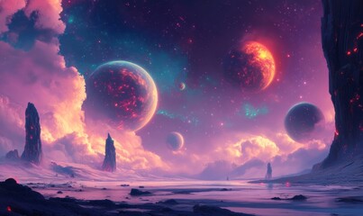 A stunning, futuristic landscape with an array of planets and nebulae in the night sky