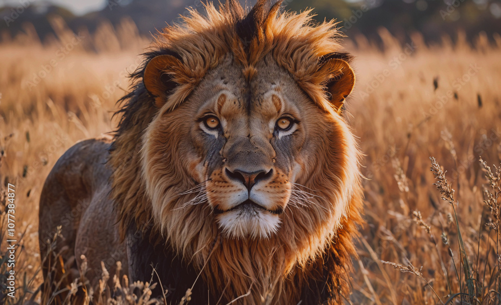 Aufkleber lion is standing in a field of tall grass