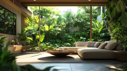 Fototapeta premium Modern room interior with large windows showcasing lush garden and greenery picture